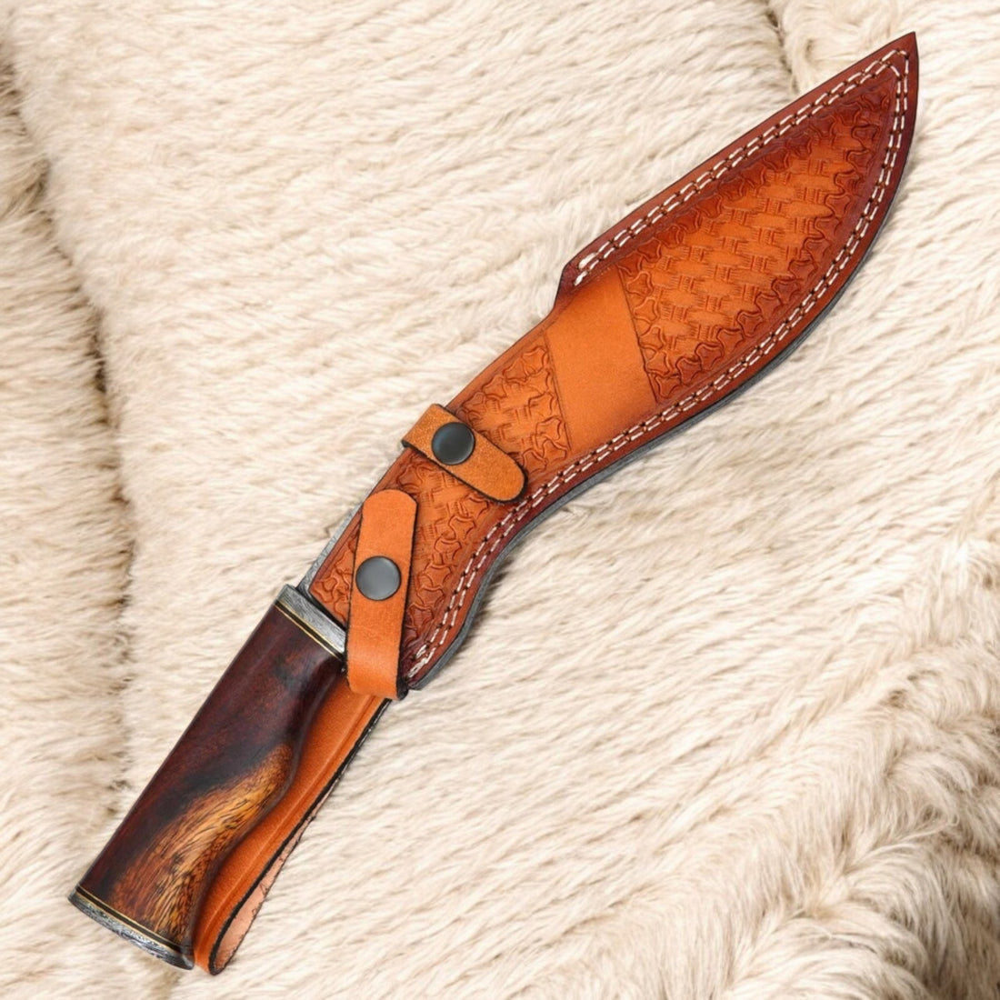 15” Handmade Damascus Kukri Knife with Wooden Handle & Leather Sheath | Custom Hunting & Survival Knife – Knives Zone