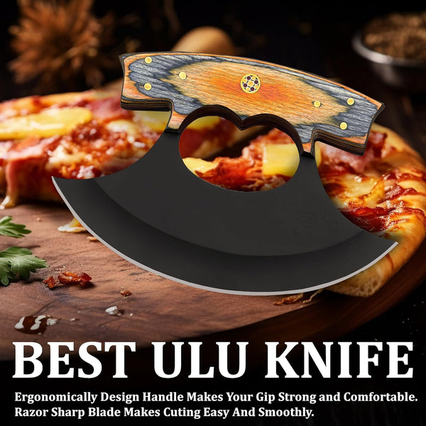 Handmade ULU Pizza Cutter Knife – Razor Sharp Rocker Blade with Pakkawood Handle & Leather Sheath