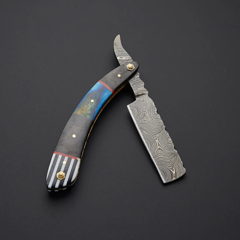 Custom Handmade Damascus Steel Straight Razor with Leather Sheath | Blue Resin & Wood Handle Barber Razor