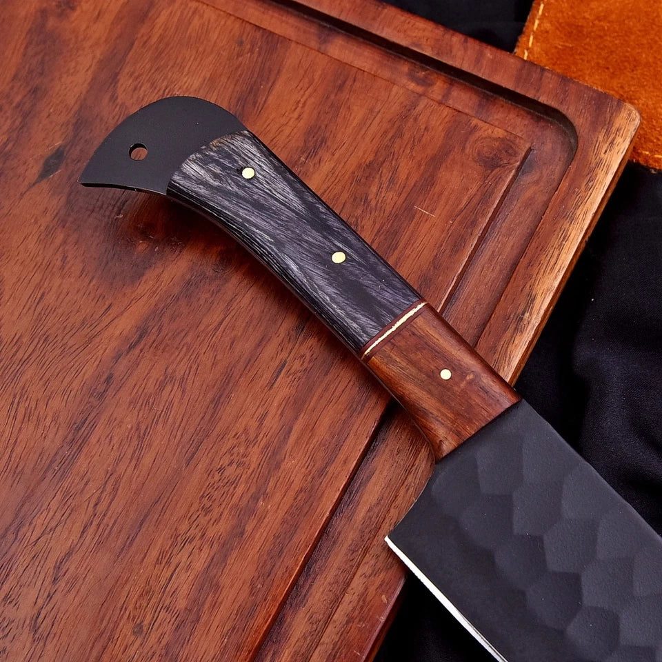 Handmade D2 Hammered Steel 5-Piece Chef Knife Set with Wood Handles & Leather Carry Bag | Knives Zone