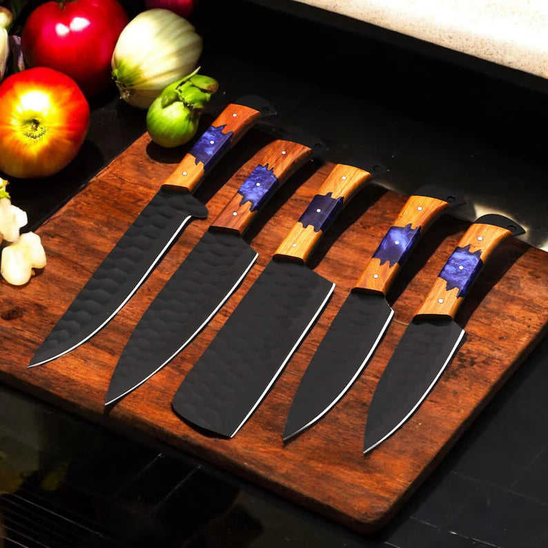 Hand Forged Damascus Chef Knife Set – 5pc Olive Wood & Epoxy Handle Professional Kitchen Knives