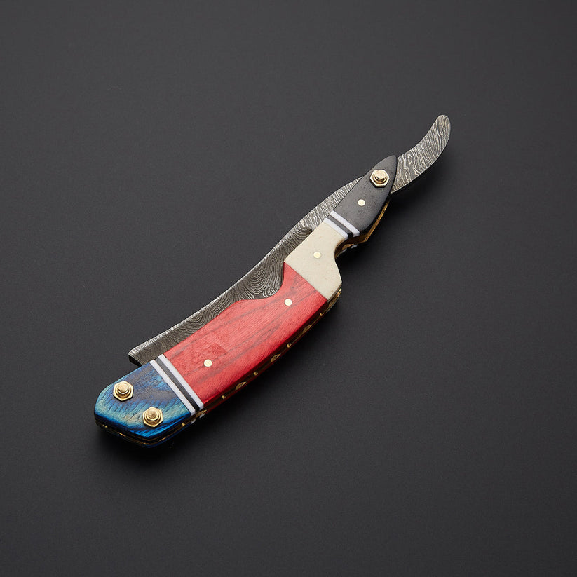 Custom Handmade Damascus Steel Straight Razor with Bone & Wood Handle | Leather Sheath Included