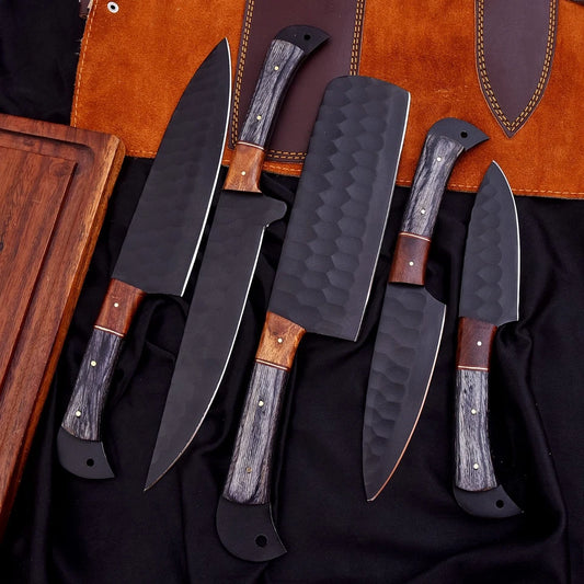 Handmade D2 Hammered Steel 5-Piece Chef Knife Set with Wood Handles & Leather Carry Bag | Knives Zone