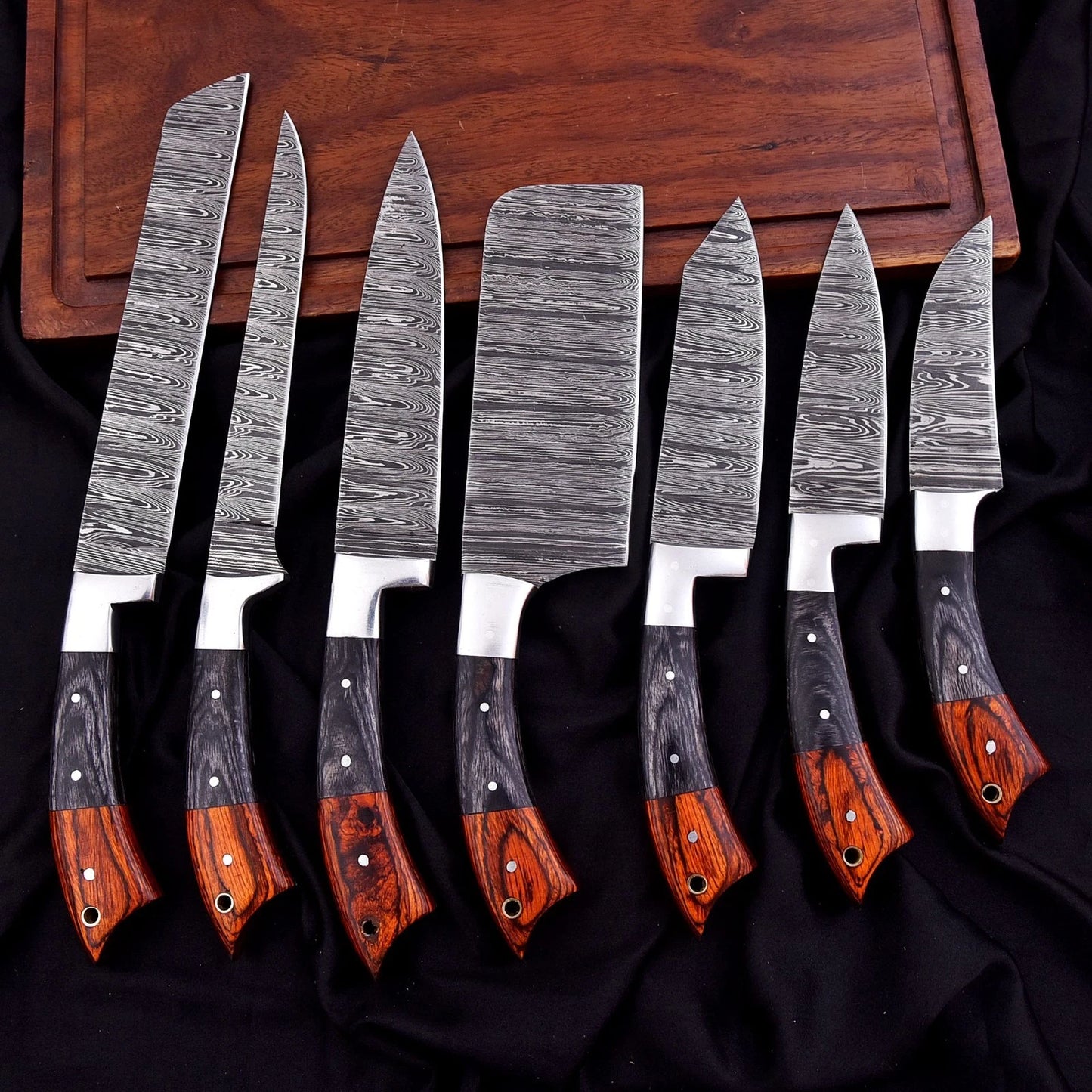 Custom Handmade Damascus Steel Chef Knife Set – 7-Piece Professional Kitchen Knives with Wood Handles & Leather Bag | Knives Zone