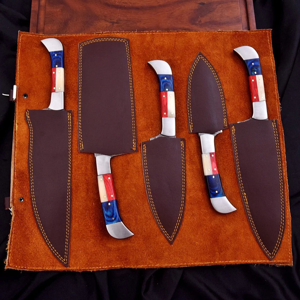 Handmade Damascus 5-Piece Chef Knife Set with Texas Flag Handle & Leather Roll | Knives Zone