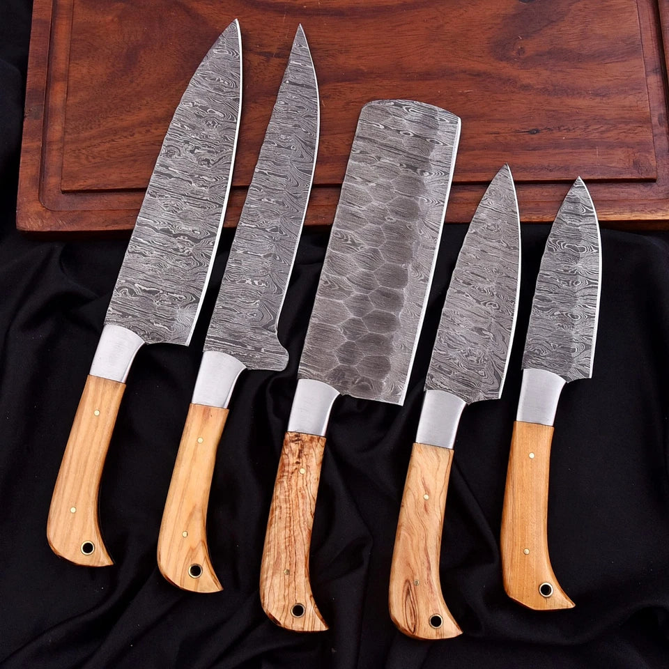 Handmade Damascus 5-Piece Chef Knife Set with Hammered Blades & Wooden Handles | Knives Zone