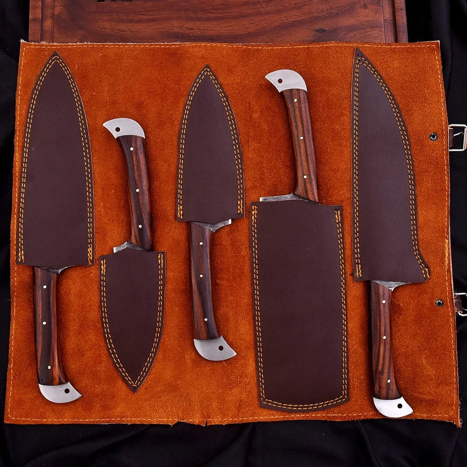 Handmade Damascus 5-Piece Chef Knife Set with Wooden Handles & Leather Roll | Knives Zone