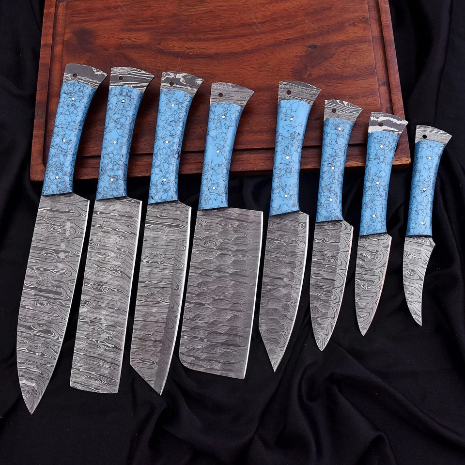 Custom Handmade Damascus Steel Chef Knife Set – 8-Piece Professional Kitchen Knives with Turquoise Resin Handles | Knives Zone