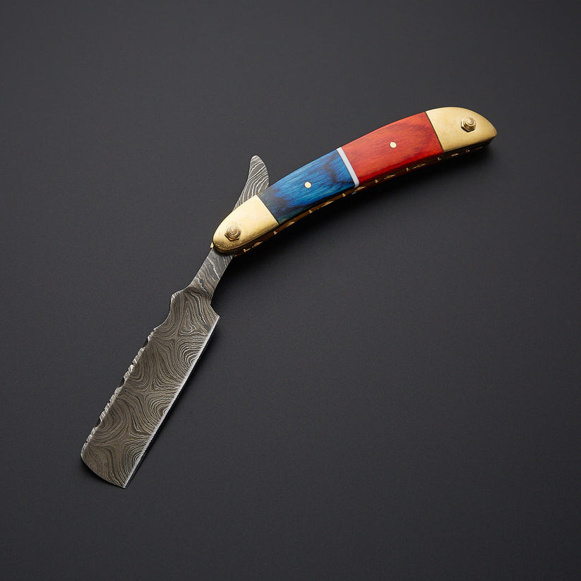 Custom Handmade Damascus Steel Straight Razor with Leather Sheath | Knives Zone
