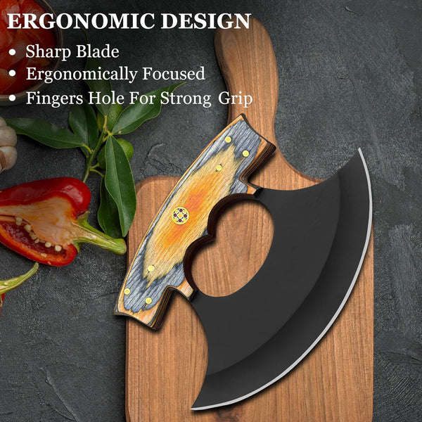 Handmade ULU Pizza Cutter Knife – Razor Sharp Rocker Blade with Pakkawood Handle & Leather Sheath