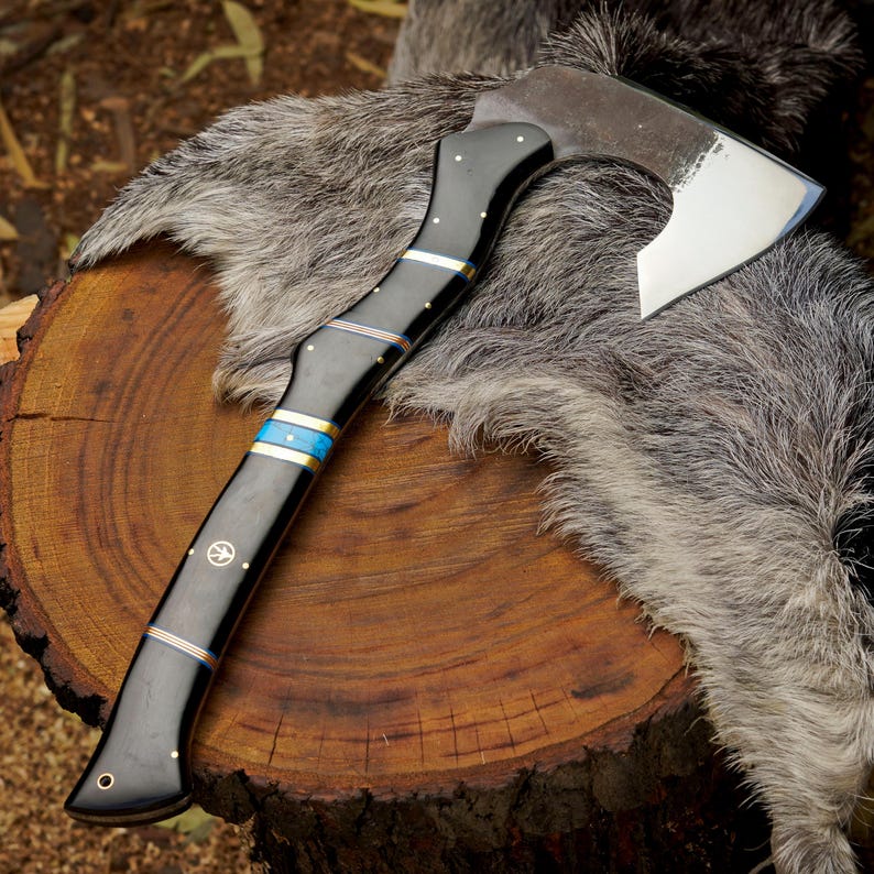 Hand Forged Camping Hatchet Axe with Mosaic Pin Handle | 1095 High Carbon Steel Bushcraft Axe & Leather Sheath