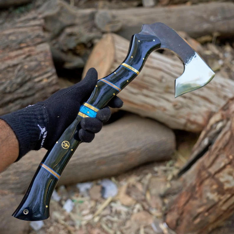 Hand Forged Camping Hatchet Axe with Mosaic Pin Handle | 1095 High Carbon Steel Bushcraft Axe & Leather Sheath