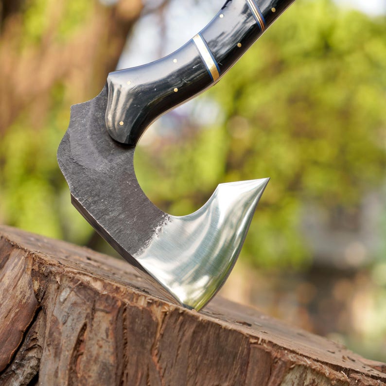 Hand Forged Camping Hatchet Axe with Mosaic Pin Handle | 1095 High Carbon Steel Bushcraft Axe & Leather Sheath