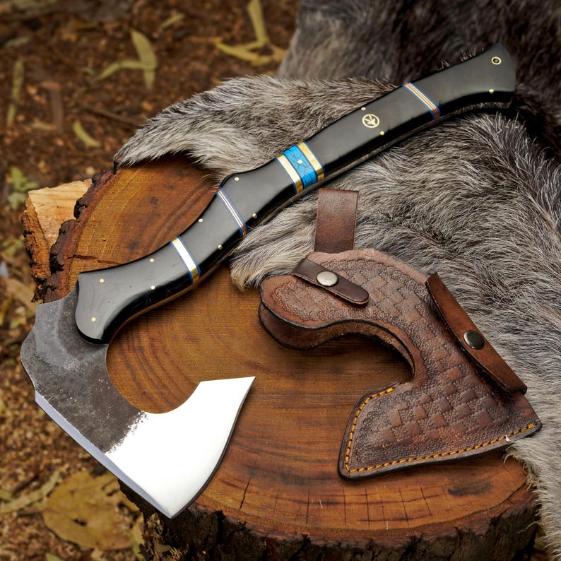 Hand Forged Camping Hatchet Axe with Mosaic Pin Handle | 1095 High Carbon Steel Bushcraft Axe & Leather Sheath