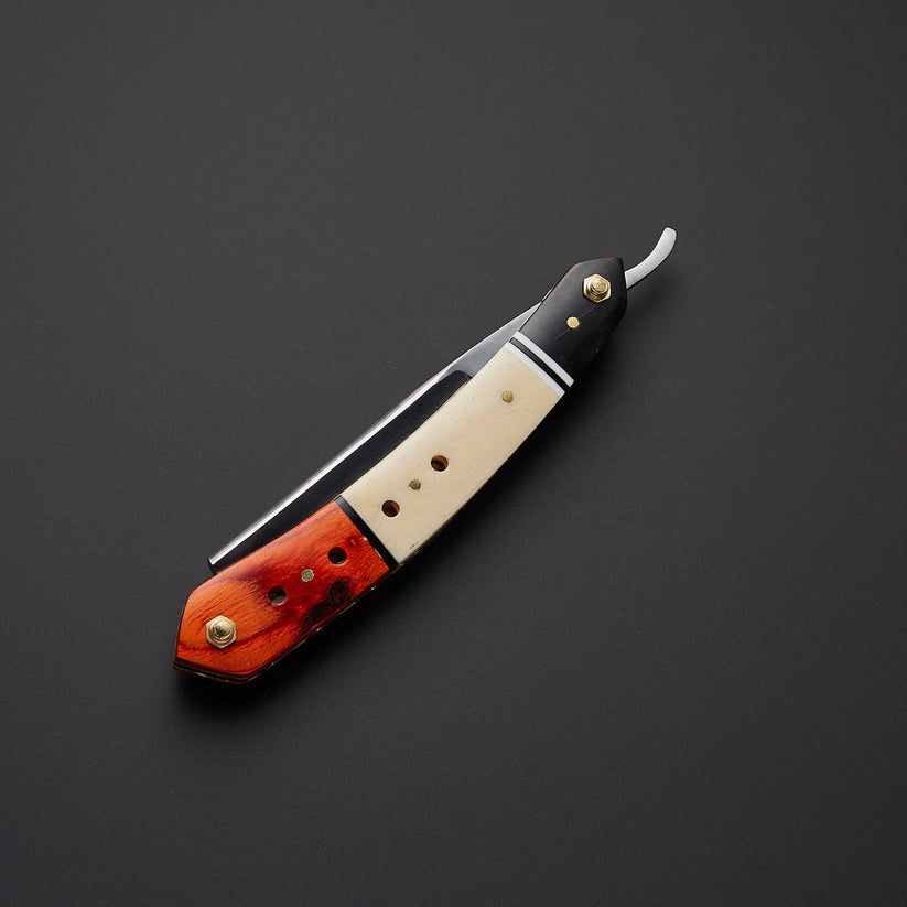 Custom Handmade J2 Steel Straight Razor with Bone & Wood Handle and Leather Sheath