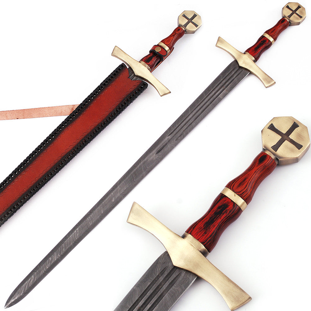 Descendent of the Holy Knights Damascus Steel Templar Knight Sword with Leather Sheath