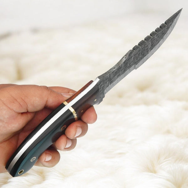 Custom Handmade Damascus Tracker Knife – 10” Survival Hunting Blade with Buffalo Horn Handle & Leather Sheath