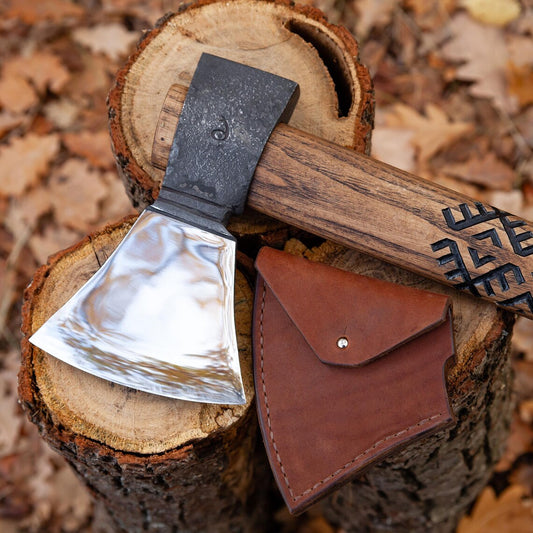 Traditional Hutsul Bartka Axe – Hand Forged Carbon Steel Carpathian Highlander Hatchet with Leather Sheath