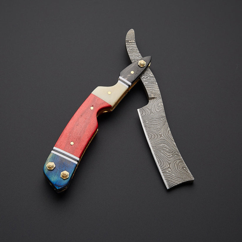 Custom Handmade Damascus Steel Straight Razor with Bone & Wood Handle | Leather Sheath Included