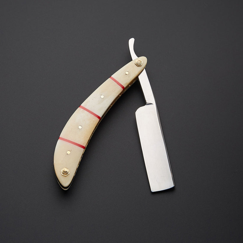 Custom Handmade J2 Steel Straight Razor with Bone & Wood Handle and Leather Sheath
