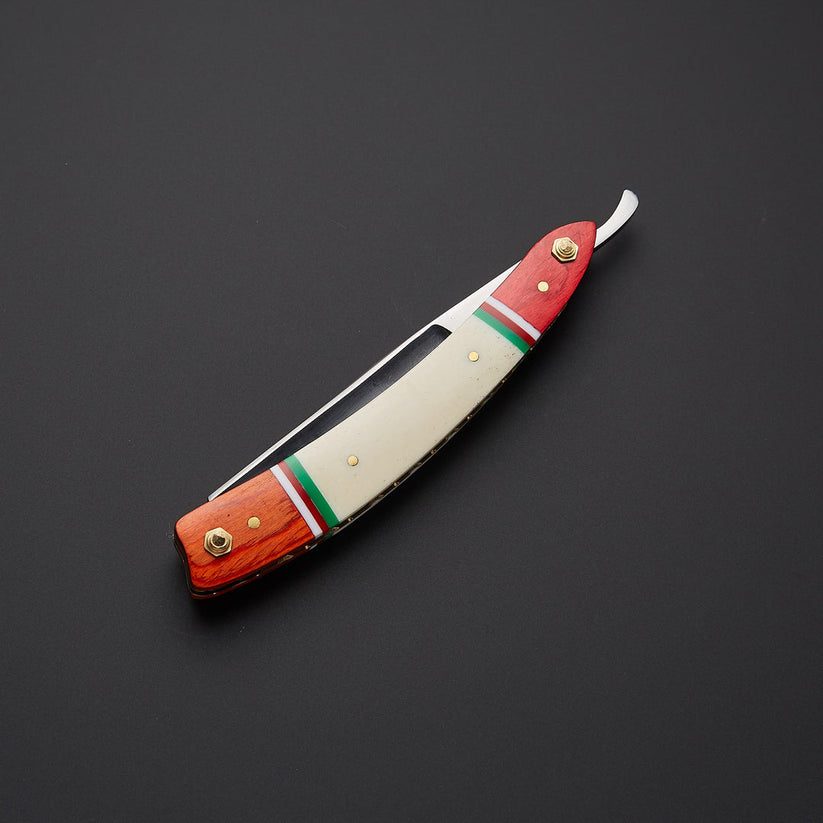 Custom Handmade J2 Steel Straight Razor with Bone & Wood Handle & Leather Sheath