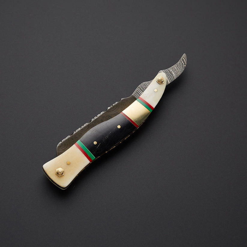 Artisan Handmade Damascus Steel Straight Razor with Bone & Wood Handle and Leather Sheath