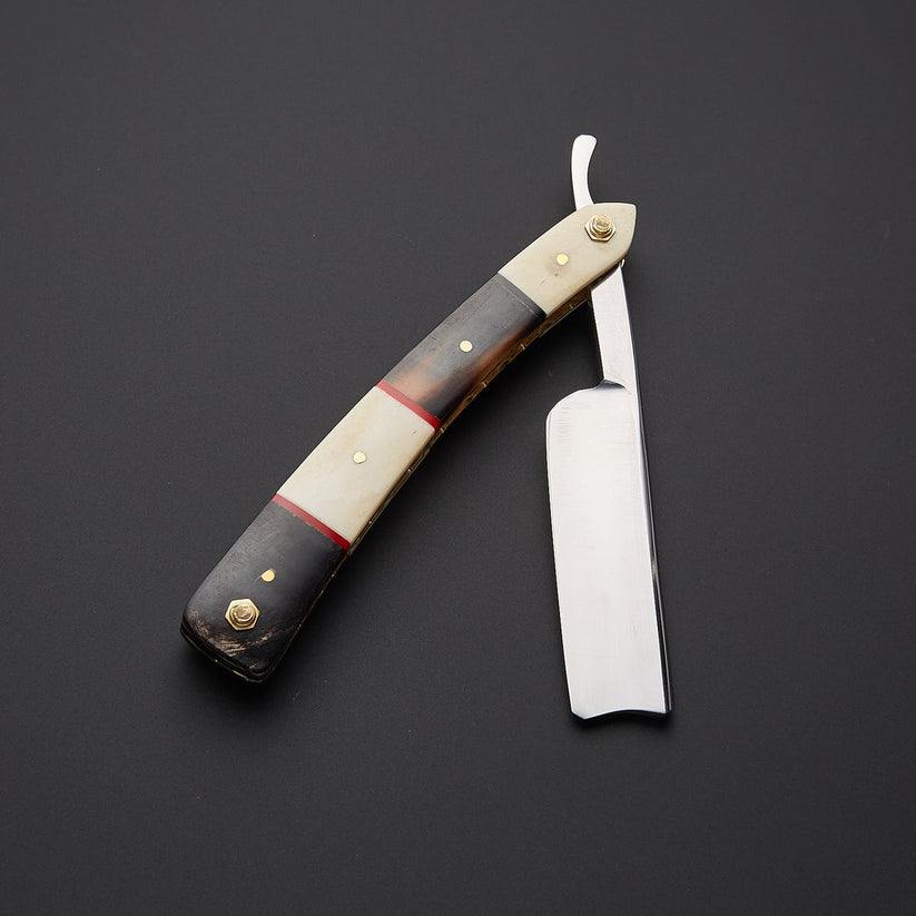 Custom Handmade J2 Steel Straight Razor with Bone & Wood Handle | Leather Sheath Included