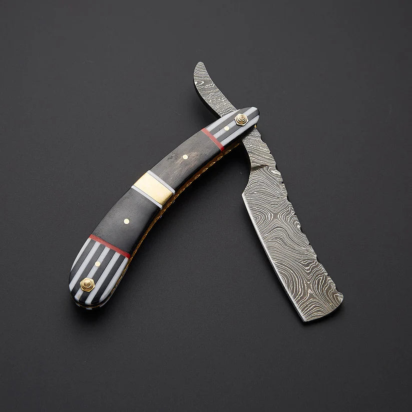 Custom Handmade Damascus Steel Straight Razor with Leather Sheath | Bone & Wood Handle | Barber Shaving Razor