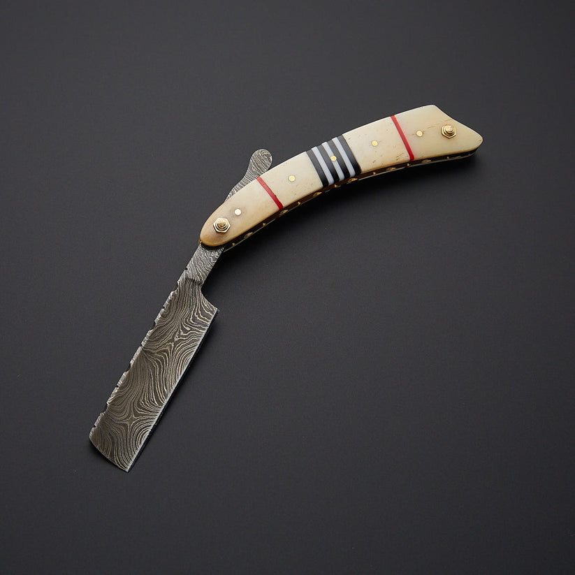 Handmade Damascus Steel Straight Razor with Bone Handle & Leather Sheath | Custom Barber Razor