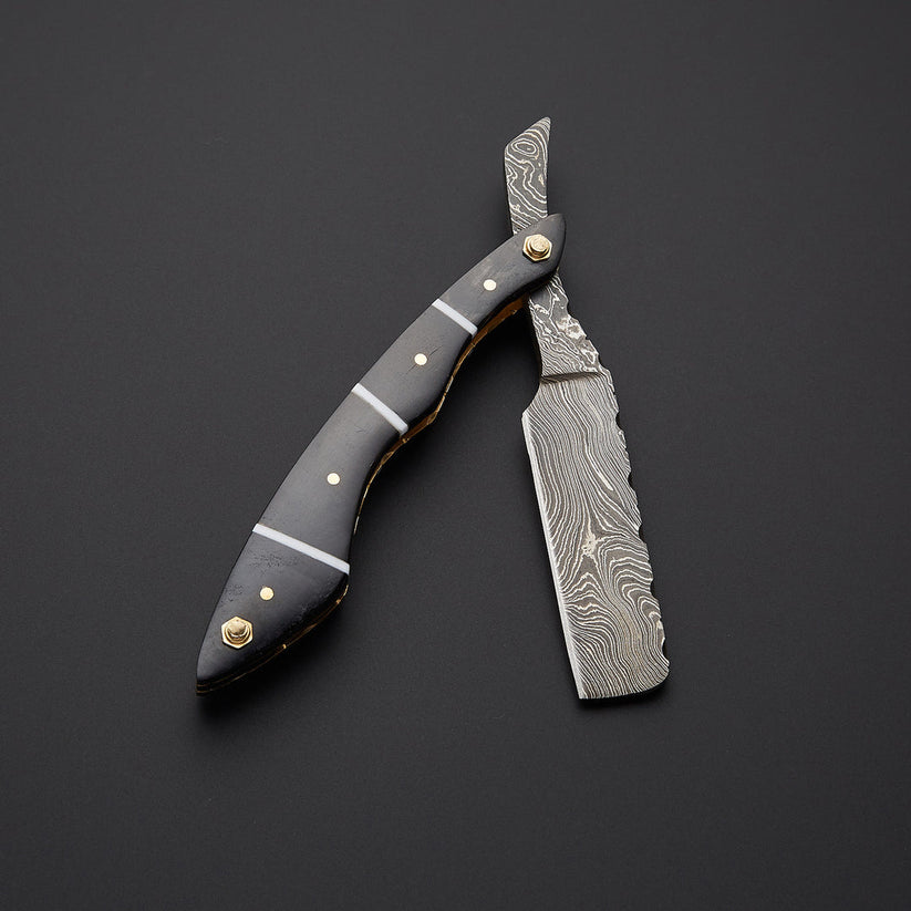 Custom Handmade Damascus Steel Straight Razor with Leather Sheath | Knives Zone