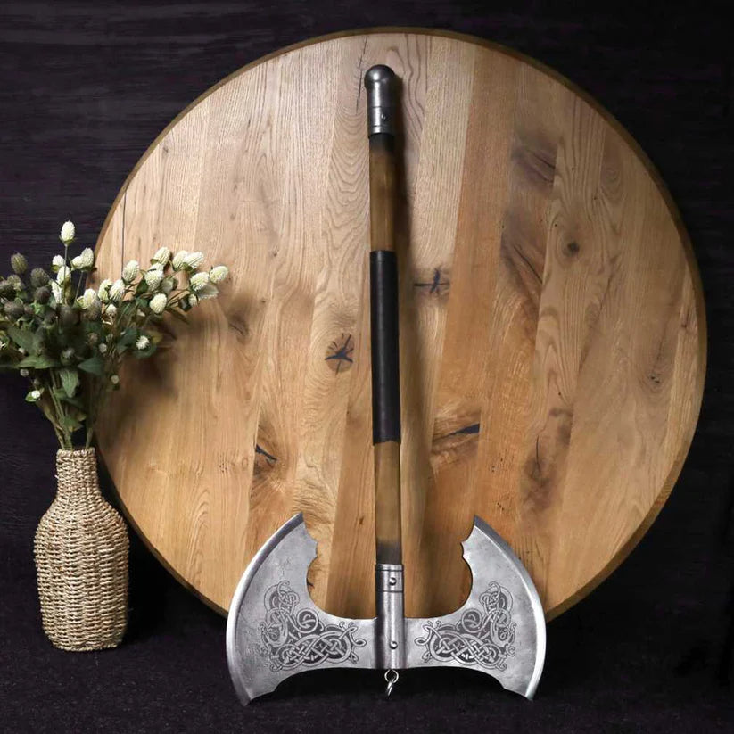Handcrafted Jotungard Viking War Axe – Double-Blade Norse Axe with Ash Wood Shaft