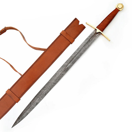 Full Tang Wolfskin Raider Damascus Steel Viking Sword with Leather Back Sheath